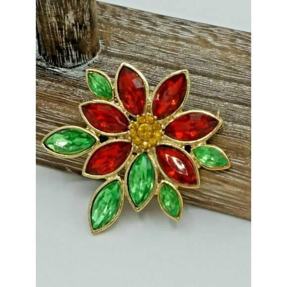 Brilliant Flower Brooch Red Green Gold Rhinestones - Picture 1 of 5